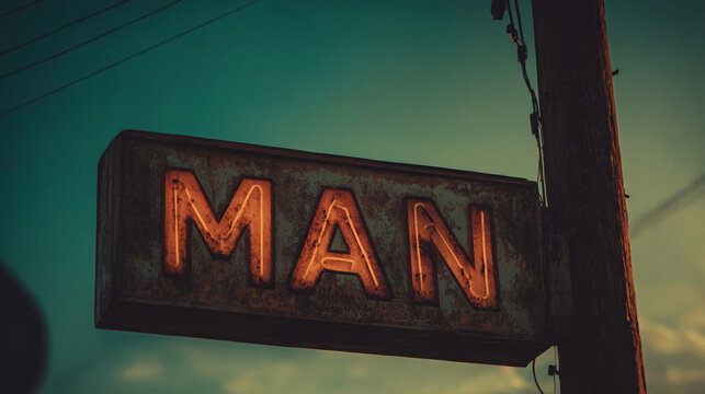 Vintage Neon Sign Man Retro Street Light Wooden Pole Sky Old Advertisement Urban Nostalgic