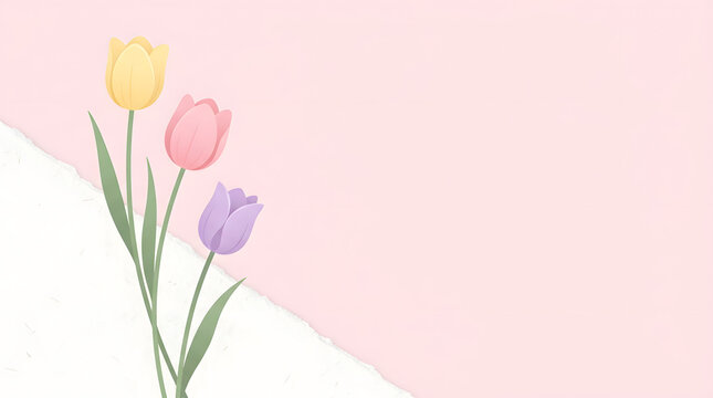 A beautiful illustration featuring three colorful tulips in yellow pink and purple colors on a soft pastel pink background