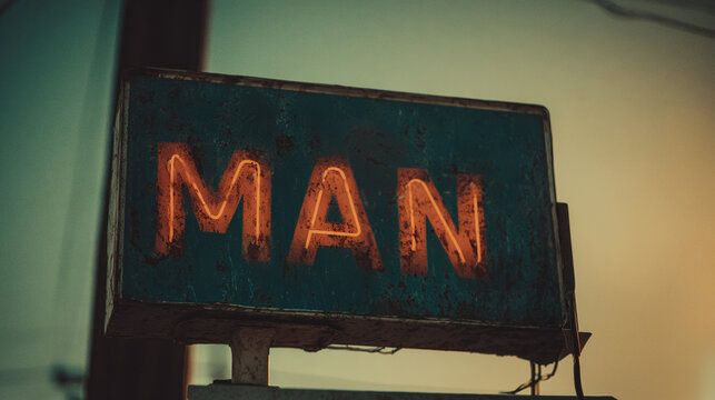 Vintage Neon Sign Man Retro Street Light Wooden Pole Sky Old Advertisement Urban Nostalgic