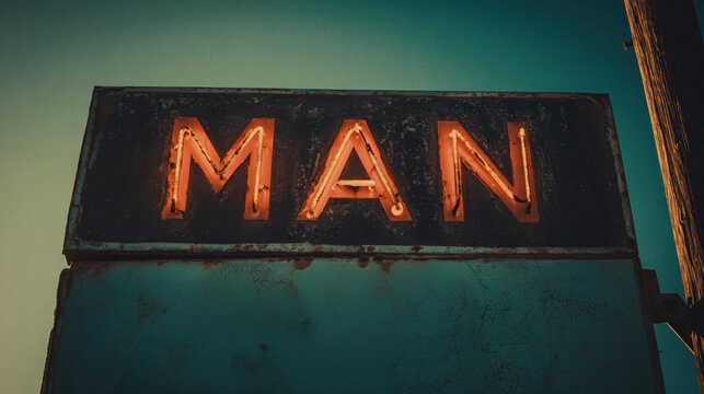 Vintage Neon Sign Man Retro Street Light Wooden Pole Sky Old Advertisement Urban Nostalgic
