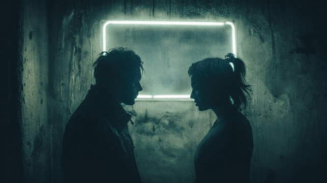 Man Woman Silhouette Neon Glow Face Profile Dark Mystery Relationship Couple Concept Art Portrait