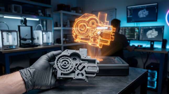 A gloved hand holding a grey 3 d printed mechanical part with a glowing orange hologram