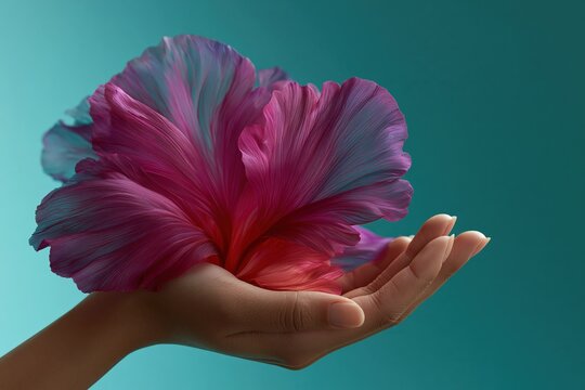 Closeup hand holding a large vibrant petal flower for elegant floral background poster wallpaper and beauty product design