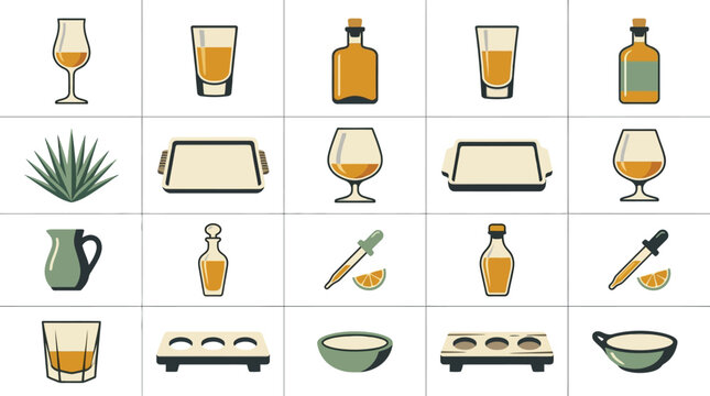 Detailed flat vector icon set of tequila and mezcal related items including glasses, decanters, and agave plants