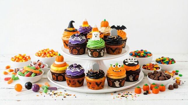 Assortment of Halloween themed cupcakes and candies displayed on a white wooden table