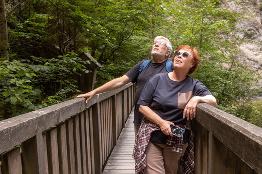 Elderly couple exploring a scenic forest gorge