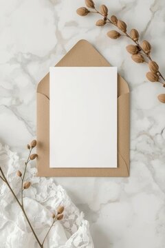 Mockup of a beige envelope with a blank white sheet of paper for text lying on a marble surface surrounded by dried flowers and soft shadows from plants.