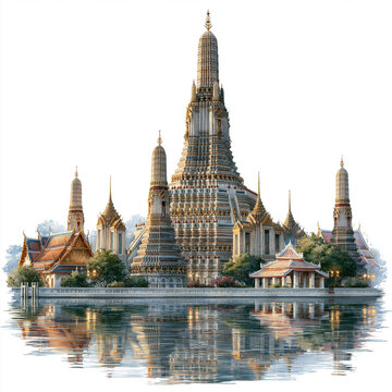 Ornate Buddhist temple complex with tall prang towers reflecting in water