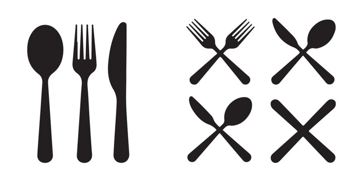 Set of black kitchen utensils silhouette icons for restaurant menu or website design elements on gray background.
