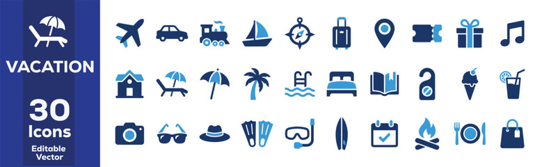 Vacation icons in a clean blue and white style for travel planning and leisure activities © farzana26