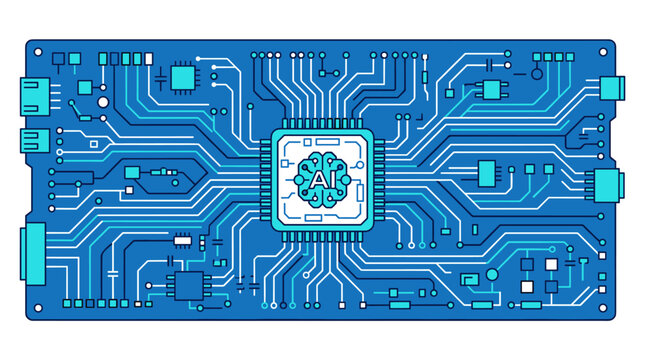 Artificial intelligence chip interface over blue circuit board, intelligence, chip, circuit, blue, technology, digital, data,