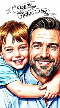 Father and son smiling and hugging, cheerful portrait illustration with "happy father's day" banner, warm family love closeup