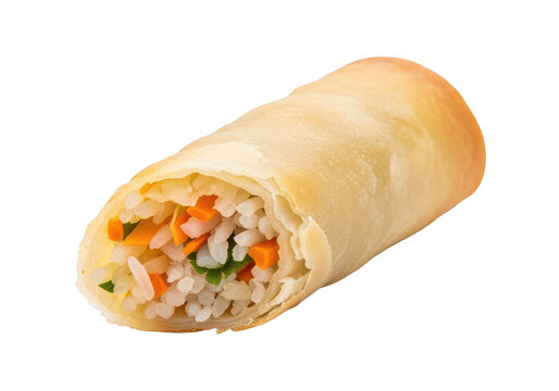 Spring roll with visible filling on transparent background fried food