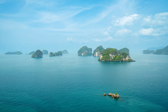 Scenic view of islands in Cheow Lan Lake, Thailand