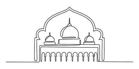Continuous single line drawing of an islamic mosque building with domes and arches for religious holiday celebration design isolated on white background Vector, illustration © KDP Publisher