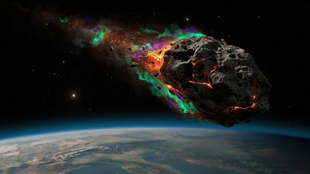 A large fiery asteroid with glowing cracks and green nebula dust hurtling through deep dark space