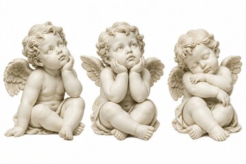 Obraz premium Three cherub statues sit side by side. One cherub looks upwards, another rests with hands on cheeks, and the third has eyes closed. The statues have soft, detailed features.