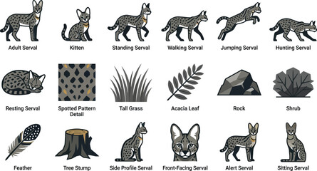 Obraz premium Detailed flat vector serval cat icon collection showcasing diverse poses and African savanna habitat design assets