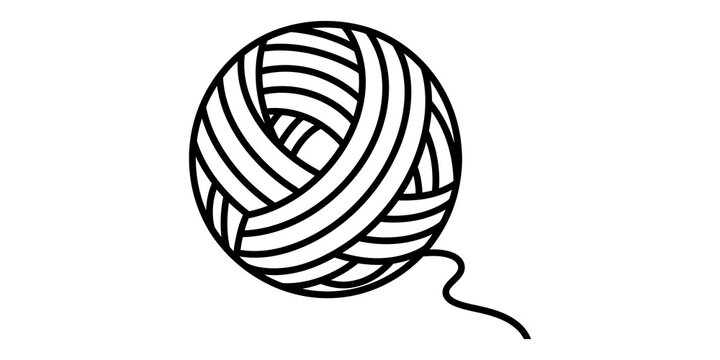 Round ball of yarn illustration in black outline style showing intertwined thread textures for knitting and sewing hobbies isolated on gray background.