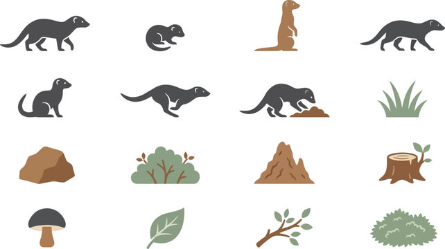 Detailed set of minimal Japanese-inspired mongoose vector icons with natural habitat elements and forest flora