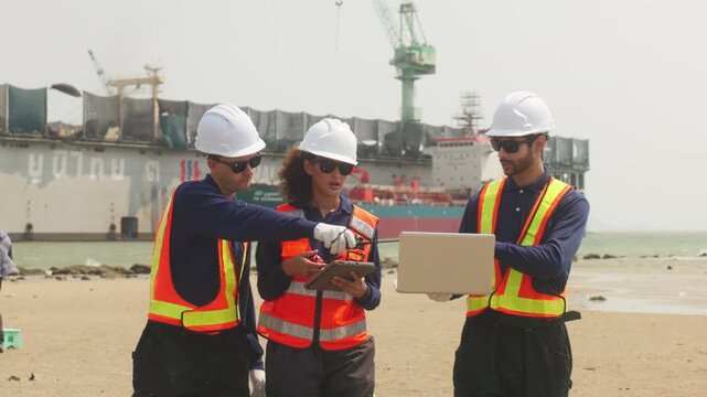 Team of industrial engineers in safety gear discuss project plans on laptop at port, with cranes and cargo ship in background.