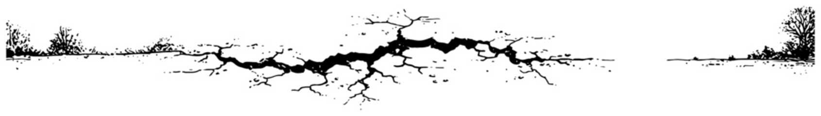 Obraz premium Horizontal Earth Fissure and Ground Crack Vector, Hand Drawn Landscape with Broken Surface and Trees, Ink Sketch of Geological Rift
