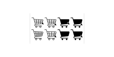 Eight varied shopping cart icons, some outlined and some filled, with a mouse pointer indicating interaction, represent online shopping concepts. © Shan masih