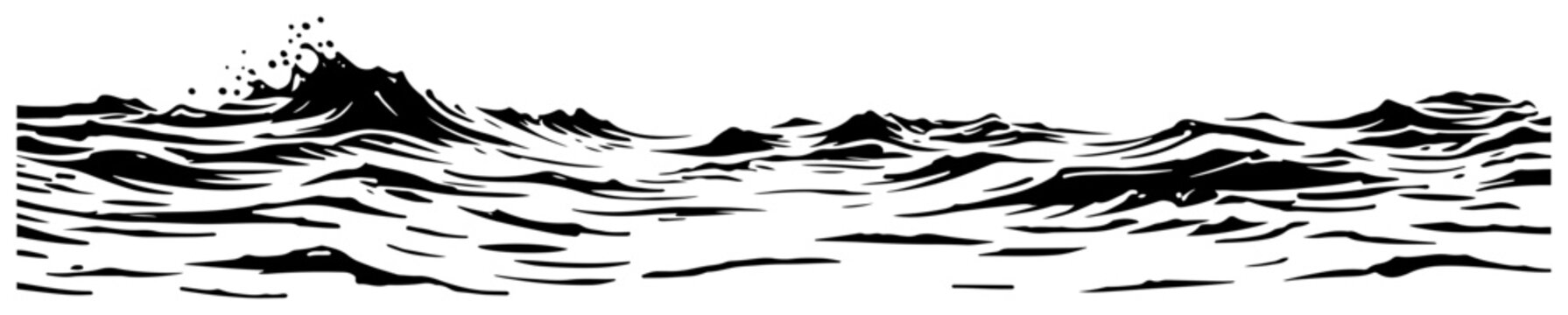 Hand Drawn Stormy Ocean Waves Panorama, Rough Sea Surf Landscape Vector Illustration, Marine Water Surface Border Sketch