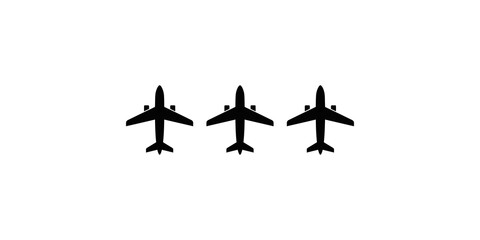 Three commercial airplane icons flying in formation horizontally representing aviation transport travel airline industry global logistics and flight routes. © Shan masih