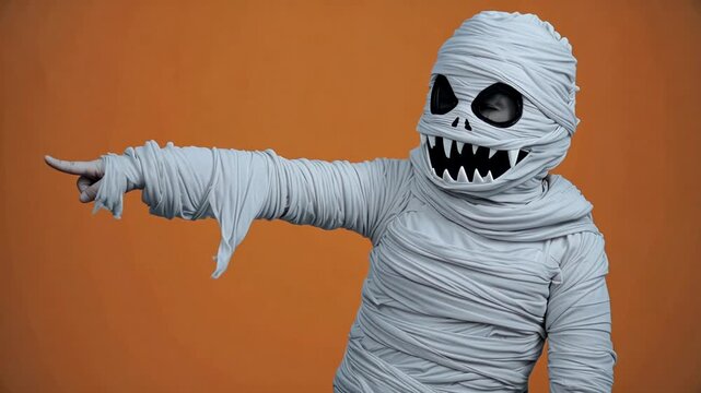 Mummy-costumed child with black eyes and sharp teeth gestures dramatically while standing against a bright orange background, showcasing a playful Halloween theme