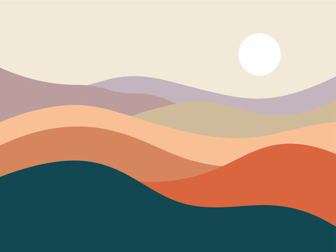 Abstract minimalist landscape illustration with rolling hills and sun, landscape