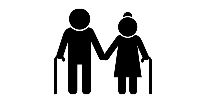 Elderly couple holding hands while using walking sticks to assist movement isolated silhouette icon representing seniors lifestyle retirement aged people support.
