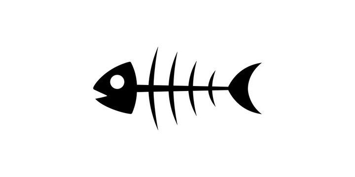 Black fish skeleton silhouette icon representing dead nature marine biology or food industry waste graphic design element isolated on clean white background theme.