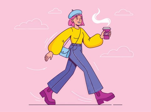 Fashionable young woman walking in city with coffee lifestyle takeaway