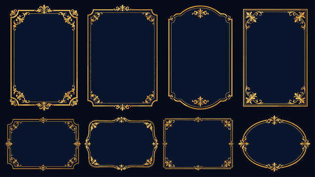 Elegant navy frame collection with gold corner ornaments, decorative borders, and blank invitation panels, frames, navy, gold,