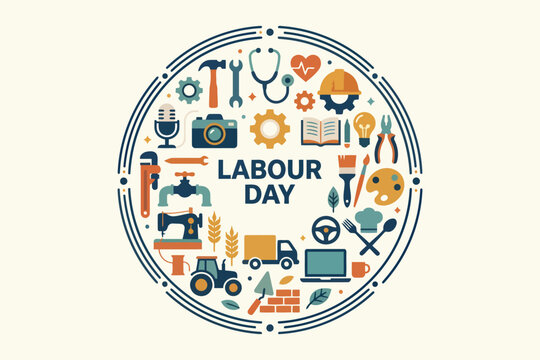 Labour day concept with circular icons of various professions, profession