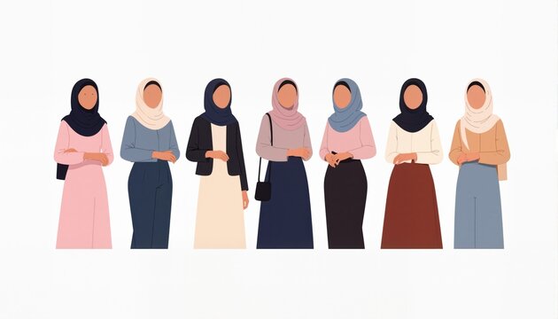 Set abstract faceless hijab women in modern minimal style on white background.Collection of diversity muslim girls. Trendy vector illustration.
