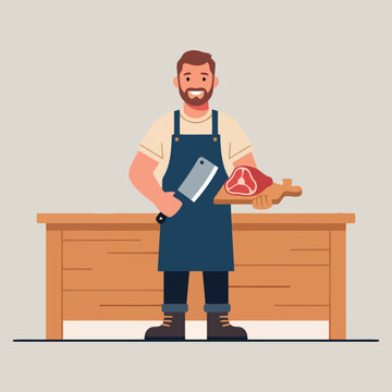 Professional butcher man in apron holding meat cleaver and beef steak