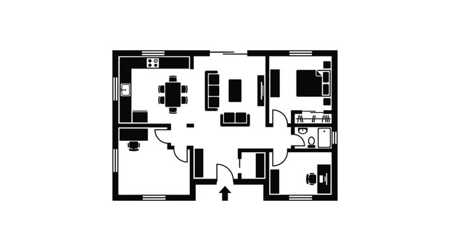 Apartment floor plan black and white architectural blueprint illustration