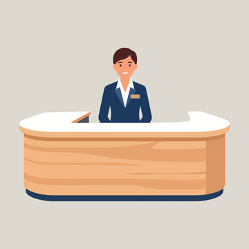 Friendly hotel receptionist woman standing behind wooden service desk