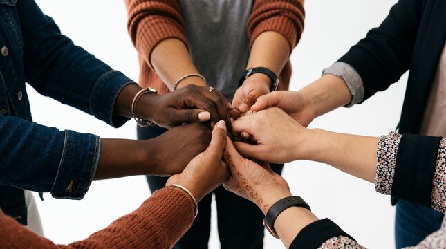 Diverse group of women joining hands in unity and support, symbolizing teamwork and connection