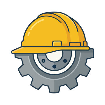 Yellow hard hat placed on industrial steel mechanical gear vector illustration