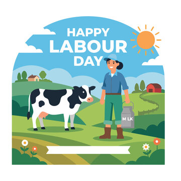 Happy labour day farm scene with farmer and cow blue sky farming life