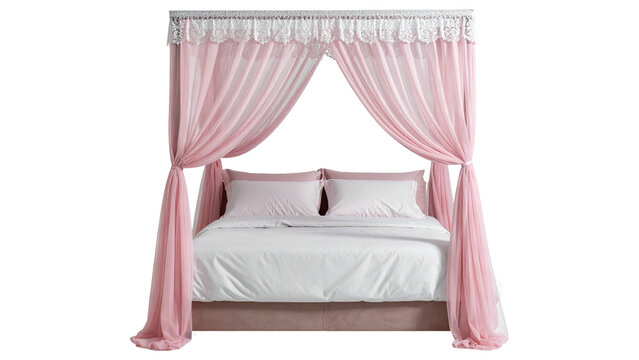 Elegant four poster bed with soft pink tulle canopy and white bedding isolated on white background furniture interior