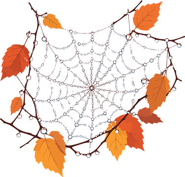 Autumn leaves with decorative spider web string lights