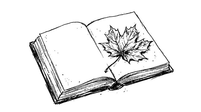 Hand-drawn black sketch illustration of a open book with an autumn leaf, symbolizing autumn reading, education, knowledge, literature, seasonal learning, and back to school