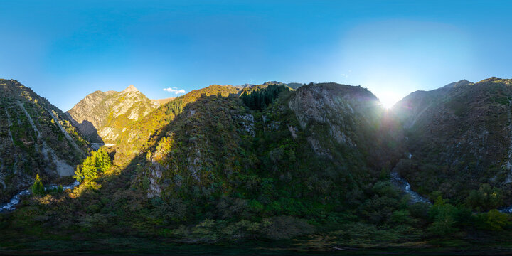 Mountain Valley River Panorama at Sunset