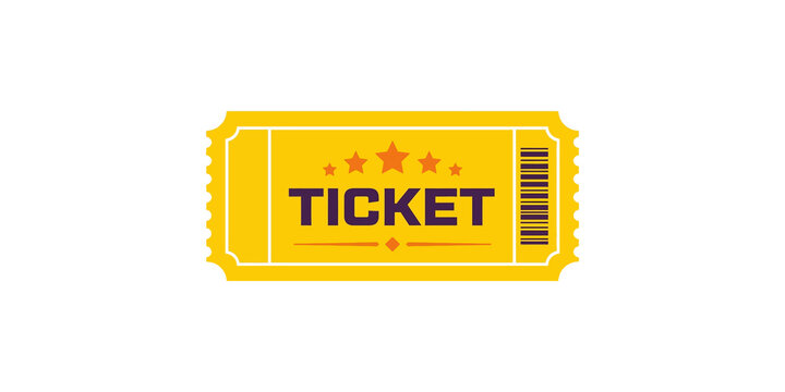 Yellow event ticket with star icons and barcode on transparent background.
