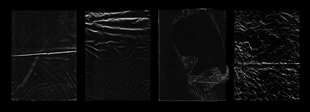 Set of crumpled and torn plastic wrap textures isolated on black background. Polyethylene packaging frames with a crumpled effect and glossy finish. Transparent wrinkled cellophane overlays. Photo
