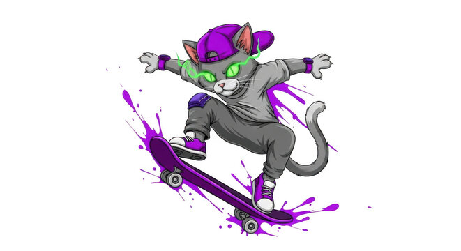 Cool cat skateboarding with paint isolated on transparent background